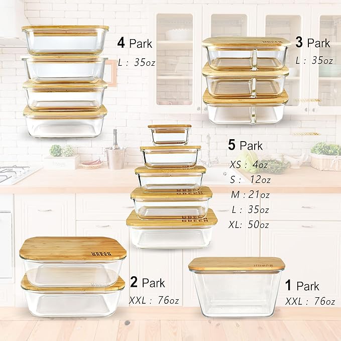 Urban Green Glass Containers with Bamboo Lids, Bamboo Meal Prep Storage Containers with Lids, Oven, Freezer, Microwave Safe, Pack of 4, 35oz