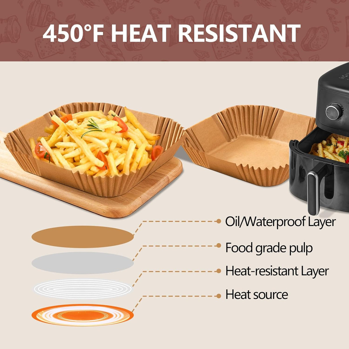UBeesize 7.5 Inch Air Fryer Paper Liners,300 PCS Parchment Paper, Air Fryer Disposable Paper Liners for Microwave, Non-Stick Sheets Square Free of Bleach（Bottom size 6.3 Inch）