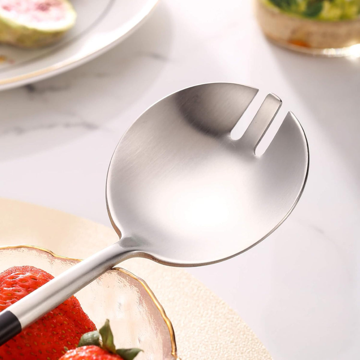 Silver Black Salad Serving Utensils,Serving Spoons Stainless Steel,2Pcs Long Handle Salad Servers 11.42 Inch,Salad Utensils for Serving,Matte Finish,Dishwasher Safe