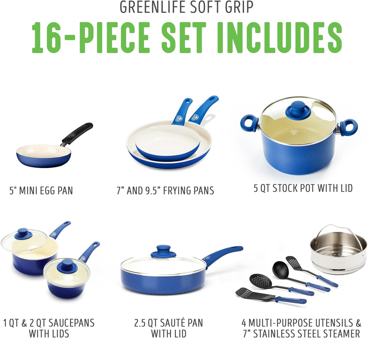 GreenLife 16 Piece Nonstick Cookware Set, Soft Grip Non-Toxic PFAS-Free Ceramic Pots & Pans, Dishwasher & Oven Safe, Frying, Sauce, Saute, Utensils, Glass Lids, Stay-Cool Handles, Wobble Free, Blue