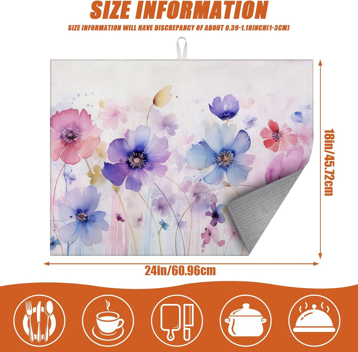 Watercolor Flowers Dish Drying Mat for Kitchen Counter Microfiber Absorbent Dish Kitchen Drying Mat Draining Reusable Washable for Dishes/Utensils/Counterto