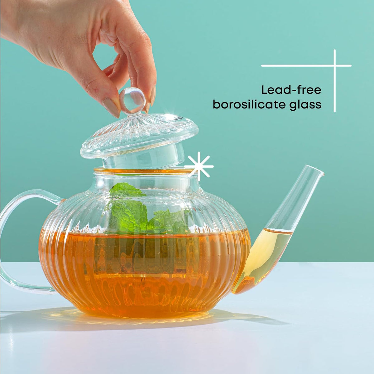 JoyJolt Fluted Glass Teapot Set 34oz, Stovetop Safe Tea Kettle, Borosilicate Clear Kettle with Removable Glass Infuser, Blooming and Loose Leaf Tea Maker and Brewer