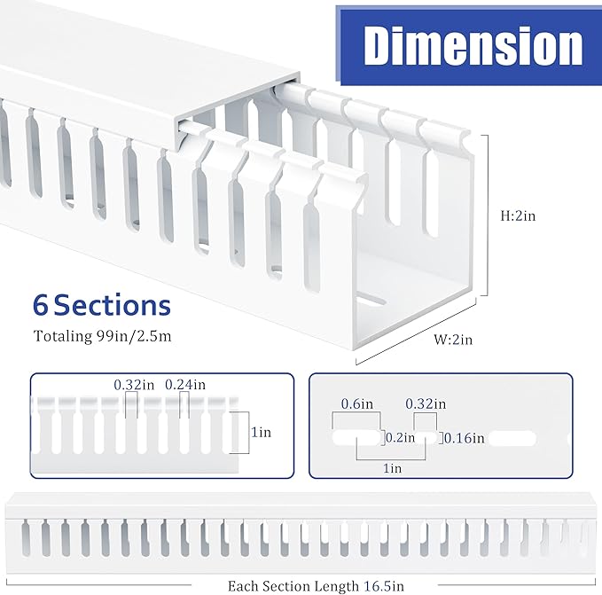 ZhiYo 99in (6X L16.5in) Professional Server Rack Cable Management Raceway, H2 x W2in Cable Raceway Kit, Electrically Safe PVC Open Slot Wire Raceway for Under Desk/Computer/Network Cords, White