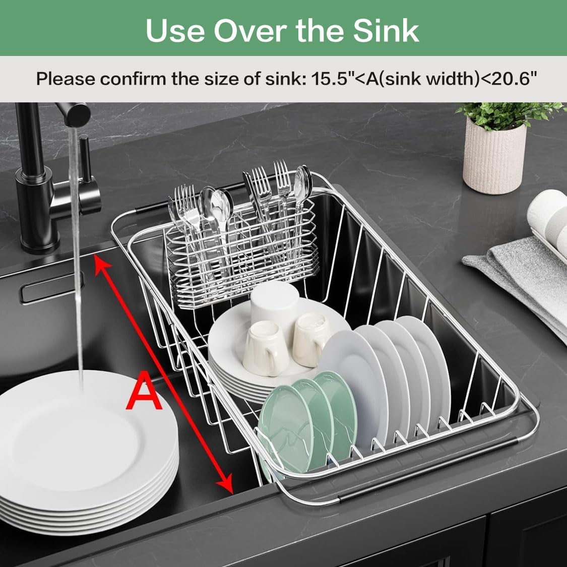 Small Dish Drainer Rack in Sink Adjustable, Expandable Stainless Steel Metal Dish Drying Rack Organizer with Stainless Steel Utensil Holder Over Inside Sink Counter, Rustproof(for 1-2 People)