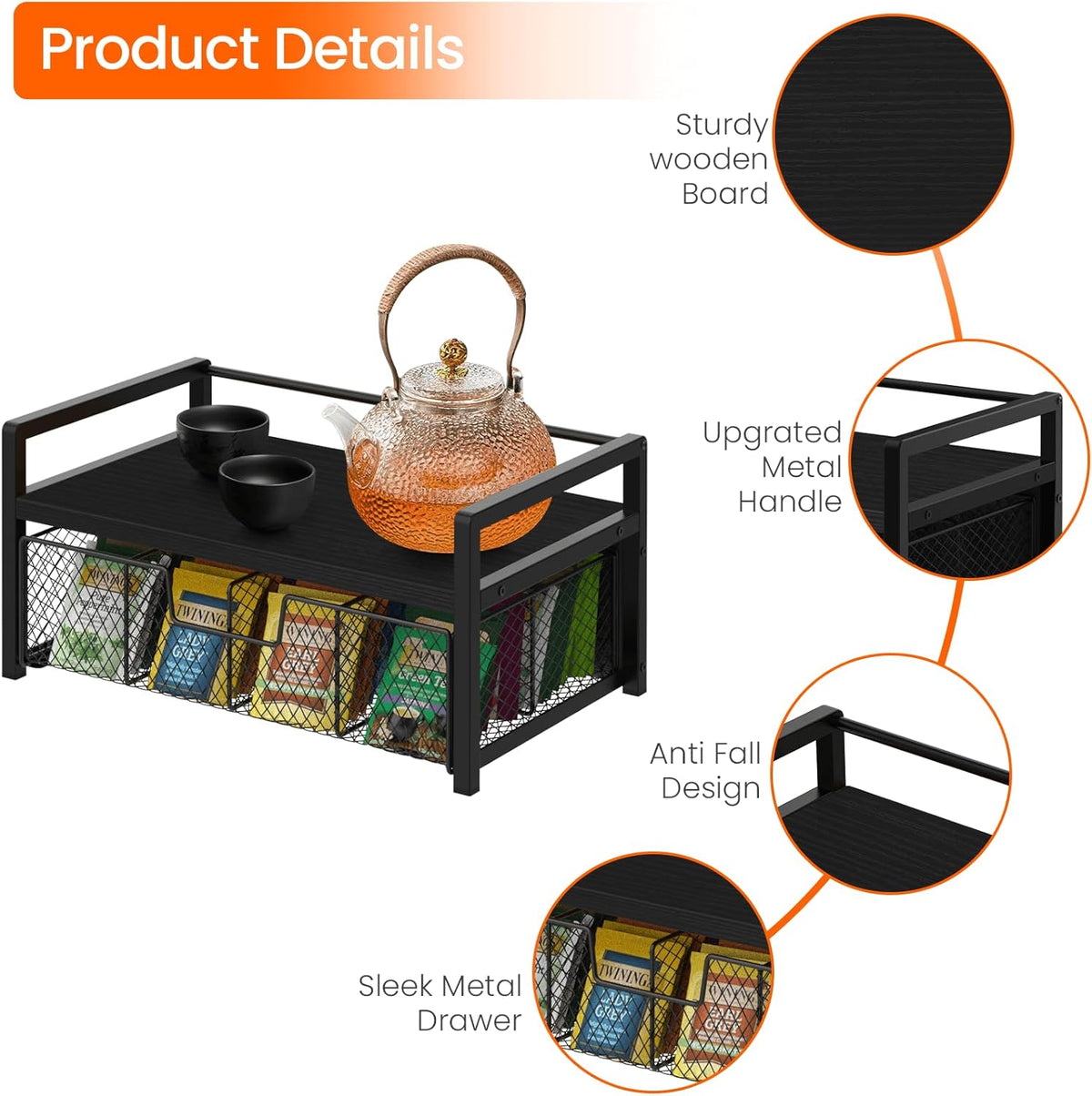 Homode Wood Tea Bag Organizer, Teabag Holder with Drawer, Tea Organizers and Storage Box, 8 Compartments Tea Caddy Station Chests Display Container for Counter Kitchen, Black