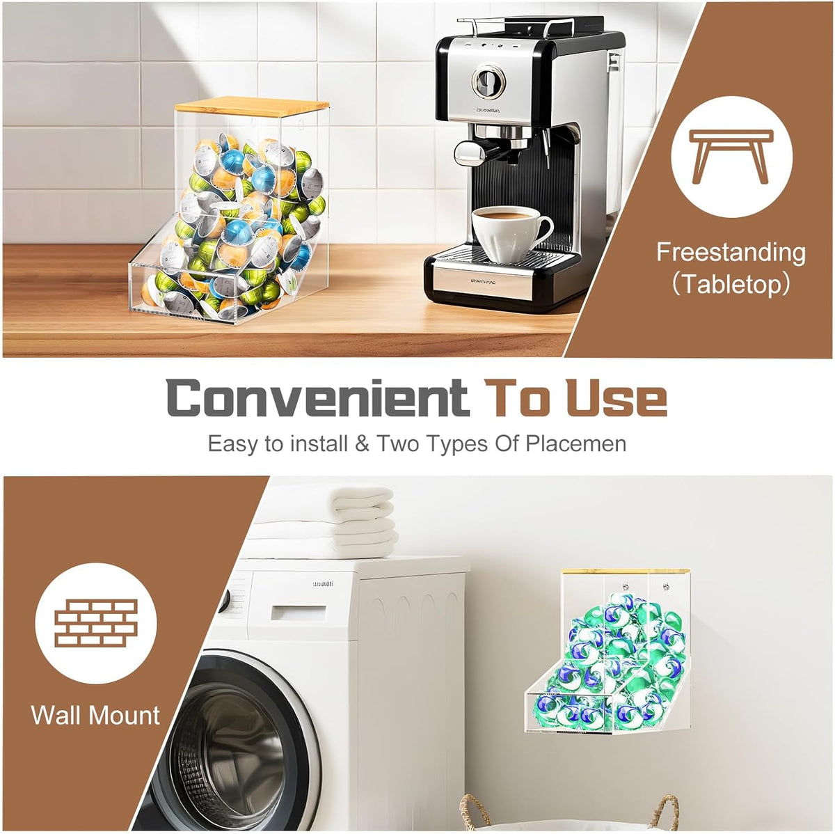 TCJJ Coffee pod organizer with bamboo lid, transparent k cup holder, 170 cubic inches capacity, can be placed on a tabletop or mounted on a wall, compatible with Nestlé coffee pod.