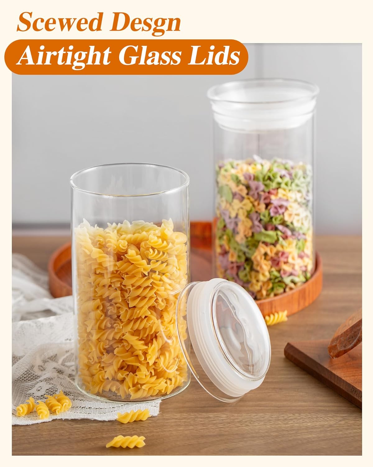 ZENS Modern Glass Food Storage Jars Set of 2, 50oz Clear Glass Canisters with Airtight Lids, Large Container for Kitchen Pantry Pasta, Sugar, Flour, Coffee, Pasta, Tea