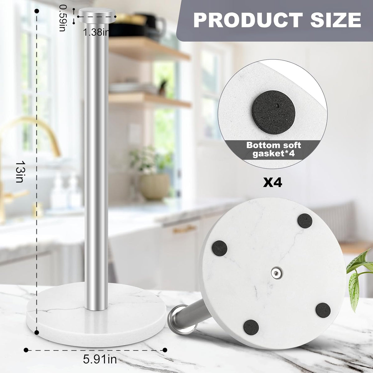 Standing Paper Towel Holder, Kitchen Paper Towel Roll Holder- for Bathroom Kitchen Countertop with Weighted Marble Base for One-Handed Operation (Silver), Silver Paper Towel Holder