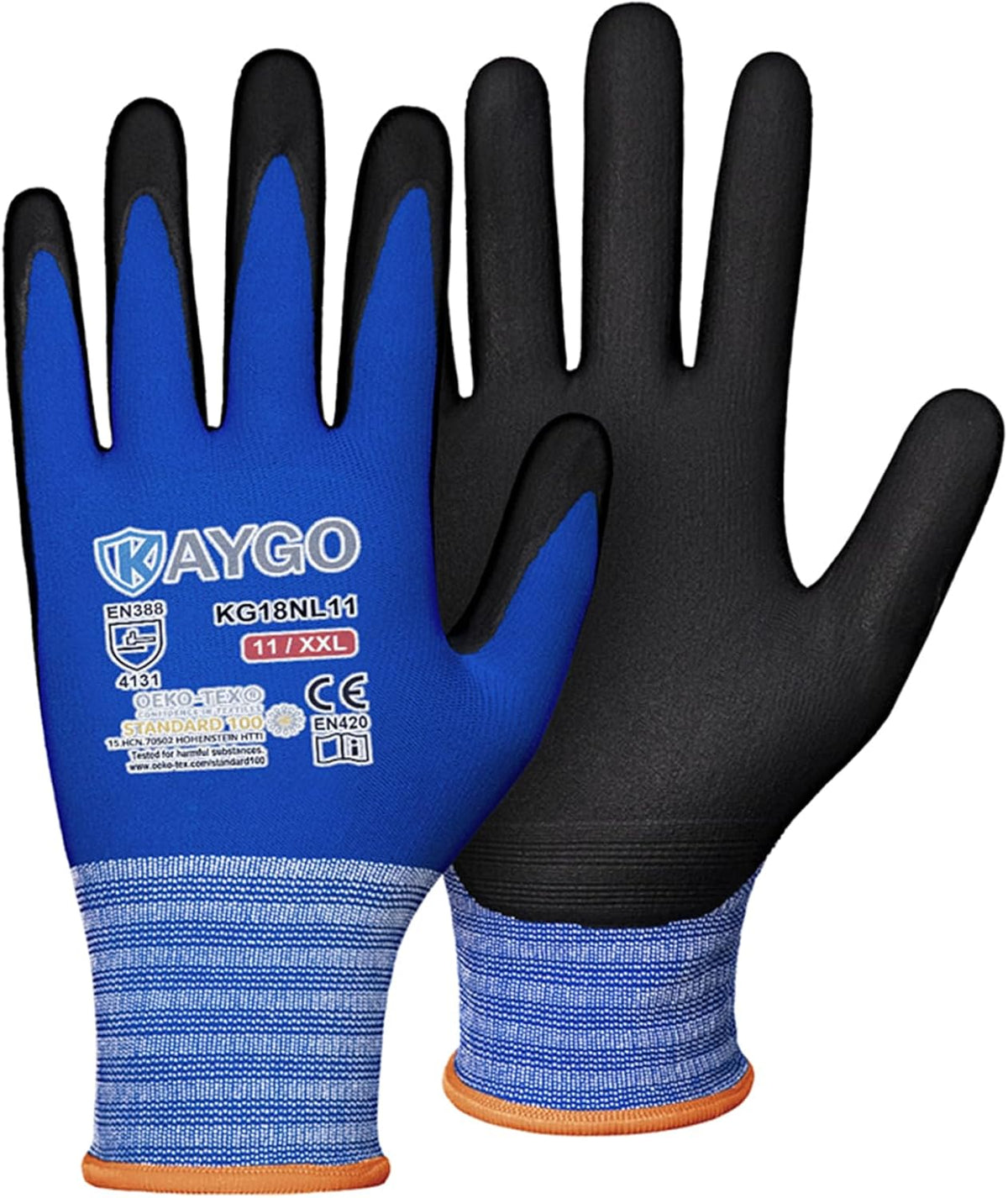 KAYGO Safety Work Gloves MicroFoam Nitrile Coated-3 Pairs, KG18NB,Seamless Knit Nylon Glove with Black Micro-Foam Nitrile Grip,Ideal for General Purpose,Automotive,Home Improvement,Blue XX-Large