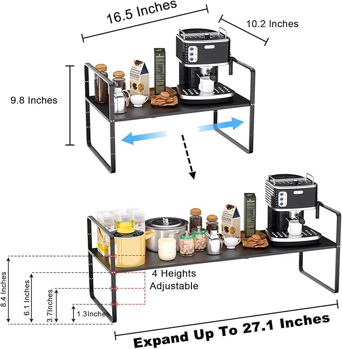Expandable Kitchen Cabinet Shelf Organizers 2 Pack, Stackable Metal Pantry Storage Shelves Rack, Adjustable Counter Shelf for Cabinets, Countertop, Cupboard Organizers and Storage, Black