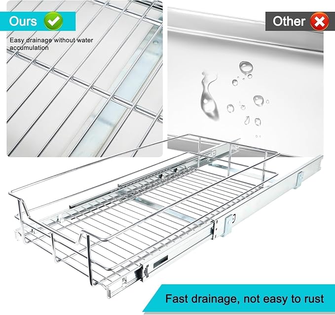 Pull Out Cabinet Organizer 14" W X 22" D, Slide Out Drawers For Kitchen Organizers and Storage, Pull Out Drawers For Cabinets Capacity Heavy Duty Caddy, Cabinet Shelves Chrome-Plated, Bathroom Pantry