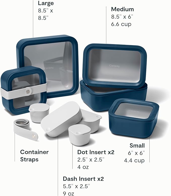 Caraway 14pc Glass Food Storage Container Set - Easy to Store, Non Toxic Lunch Box - with Glass Lids - Includes Storage Organizer & Dot & Dash Inserts - Navy
