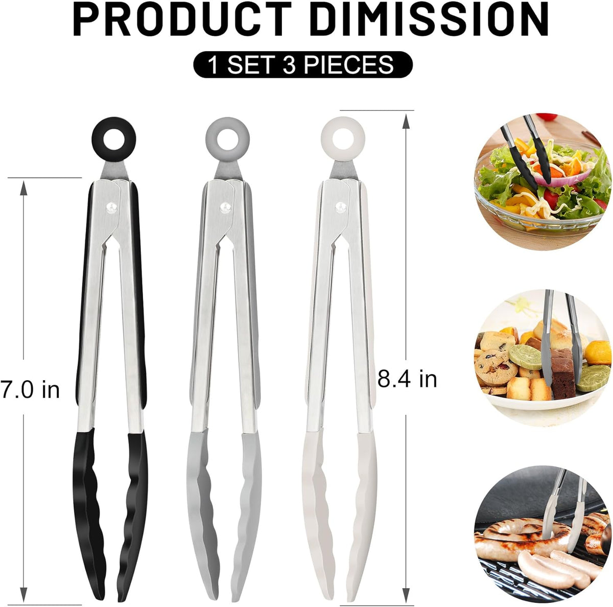 Hotec Mini Silicone Kitchen Tongs for Cooking - 7-Inch Small Serving Tongs with Silicone Tips, Set of 3 (Black,Grey,Khaki)