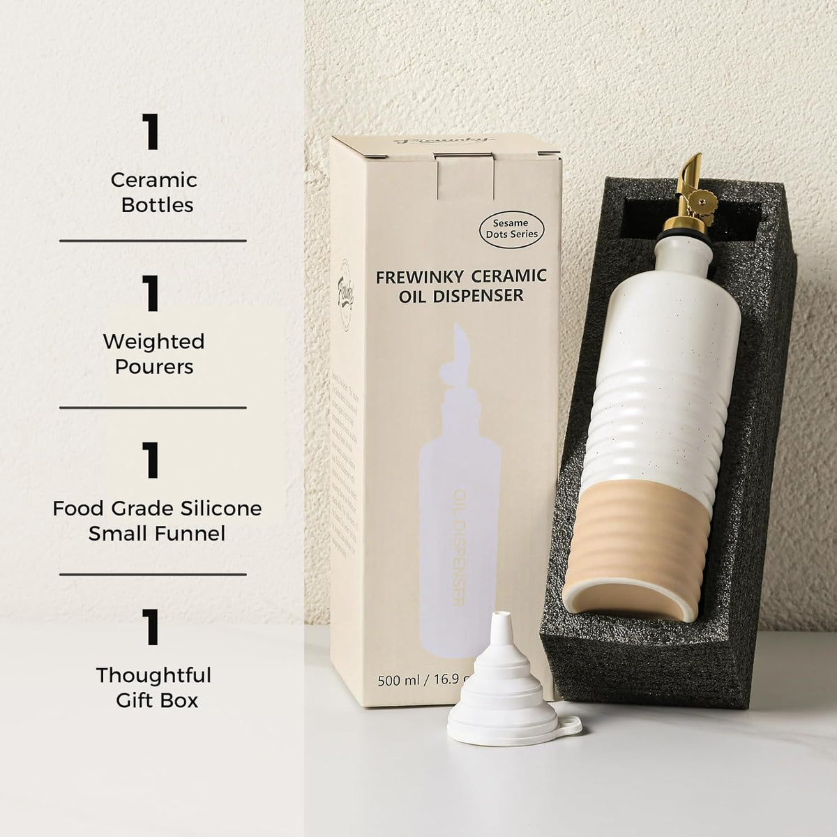 Frewinky 16.9oz Olive Oil Dispenser Bottle with Funnel, Ceramic Oil Dispenser for Kitchen, White Cooking Oil Dispenser for Storage Oil, Vinegar, Syrups & Other Liquids
