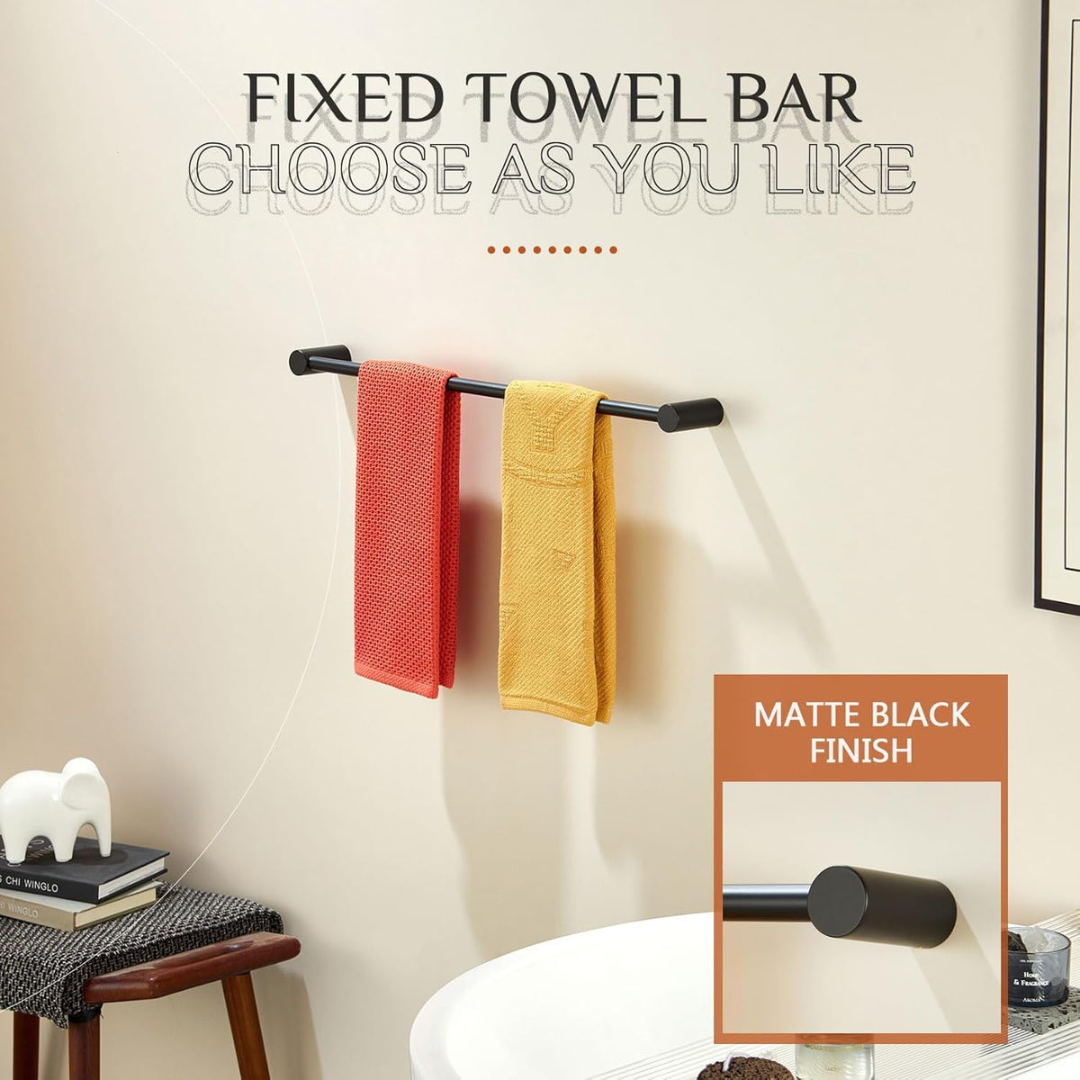 KOKOSIRI Towel Bar Black Bathroom Towel Rack Wall Mounted 24-Inch Single Rail for Lavatory Bathroom Hardware Accessory Stainless Steel, B4007BK-L24