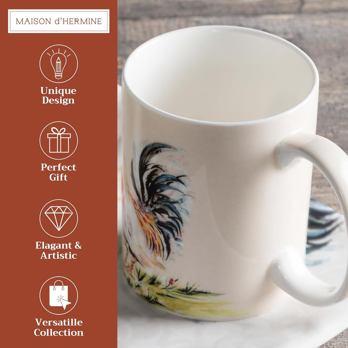 Maison d' Hermine Coffee Mug with Handles Fine Bone China Mugs Pack of One Tea Cups for Hot Beverages Cappuccino Latte Home Restaurant Office Perfect for Gift (Campagne - Coq, 15 Ounce)