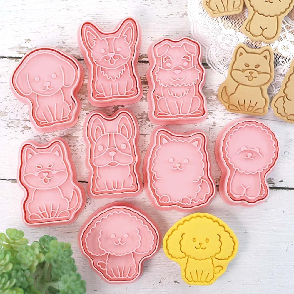 8 Dog Cookie Cutters Set, 3D Puppy Cookie Stamps, Cupcake Pancake Apple Pie Pastry Biscuit Molds, Cookie Baking Molds for Dog Party Decorations (Puppy)