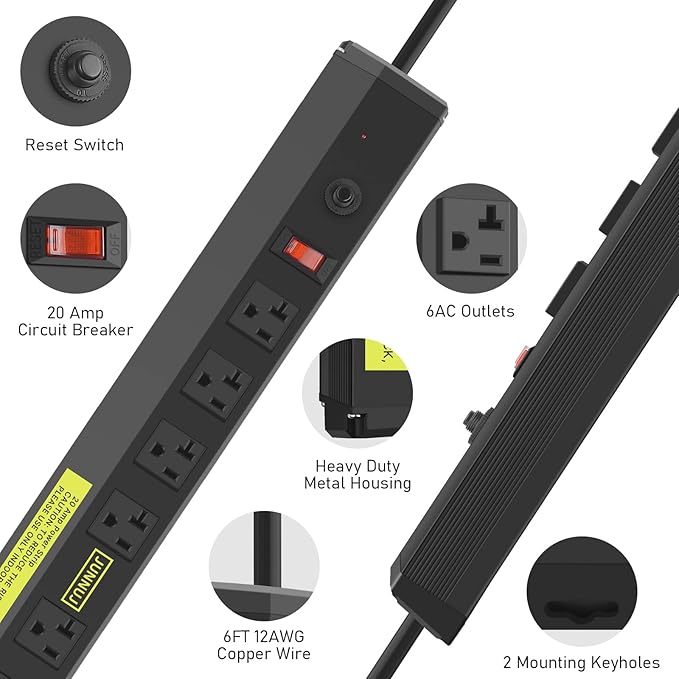 JUNNUJ Heavy Duty 20 Amp Power Strip 4800J, High Amp Surge Protector 6 Outlet, 20A Power Strips Workshop Industrial Outlets Wide Spaced 6-20R T-Slot with Circuit Breaker, 12 Gauge Extension Cord 6ft