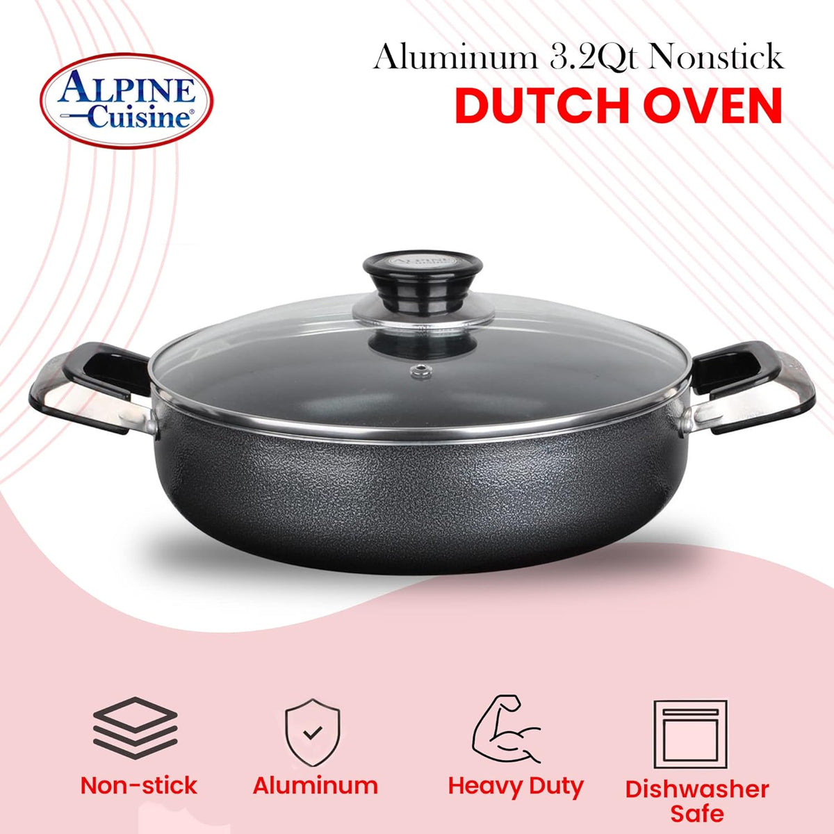 Alpine Cuisine 3.2 Quart Non-stick Caldero Stock Pot with Tempered Glass Lid and Carrying Handles, Multi-Purpose Cookware Aluminum Low Pot Dutch Oven for Braising, Boiling, Stewing