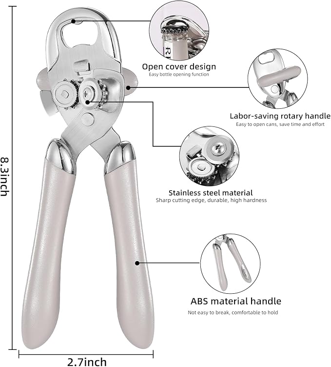 Multi-function Manual Can Opener Bottle Opener, Oversized Hand-held Easy Rotary Knob, Safe Cut Can Opener with Non-Slip Handle, Smoother Cut Sharp Blade for Seniors Kitchen Tool, Grey