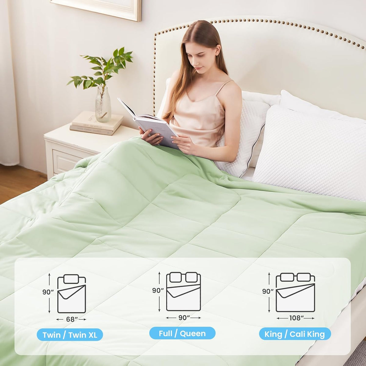 HYLEORY Cooling Comforter King Size - Summer Cooling Blanket for Hot Sleepers/Night Sweats, Double-Sided Cold Touch Silky Ice Comforters, Breathable Lightweight Beddings, Cool Green, 108"x90"