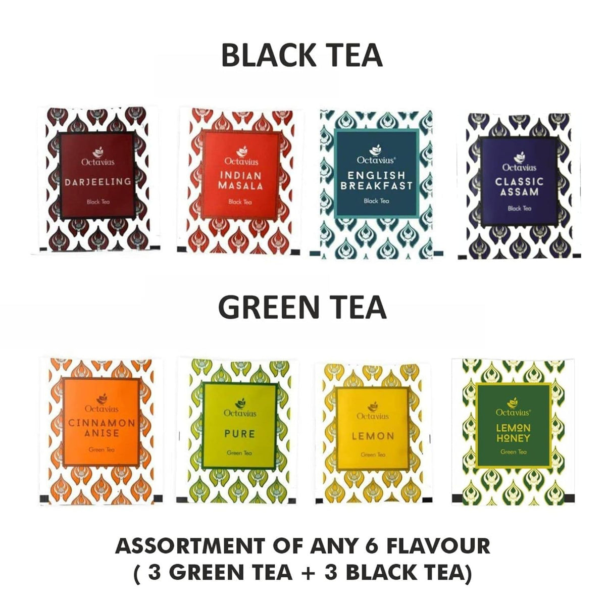 Octavius Gift's Select - Assorted Tea in Elephant Printed Wooden Box | 6 Flavors Black & Green, 60 Tea Bags | | Tea Gifts for Teas Lovers