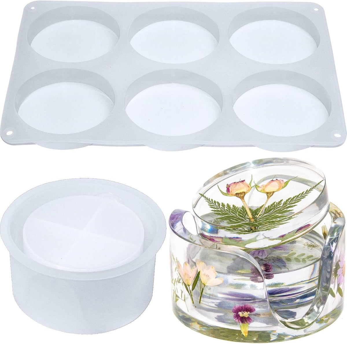 6-Cavity Deep Coaster Molds with 4 Inches Thickened Coaster Holder Silicone Mold for Epoxy Resin, Coaster Resin Molds for DIY Art Craft Cup Mats Flower Bouquet