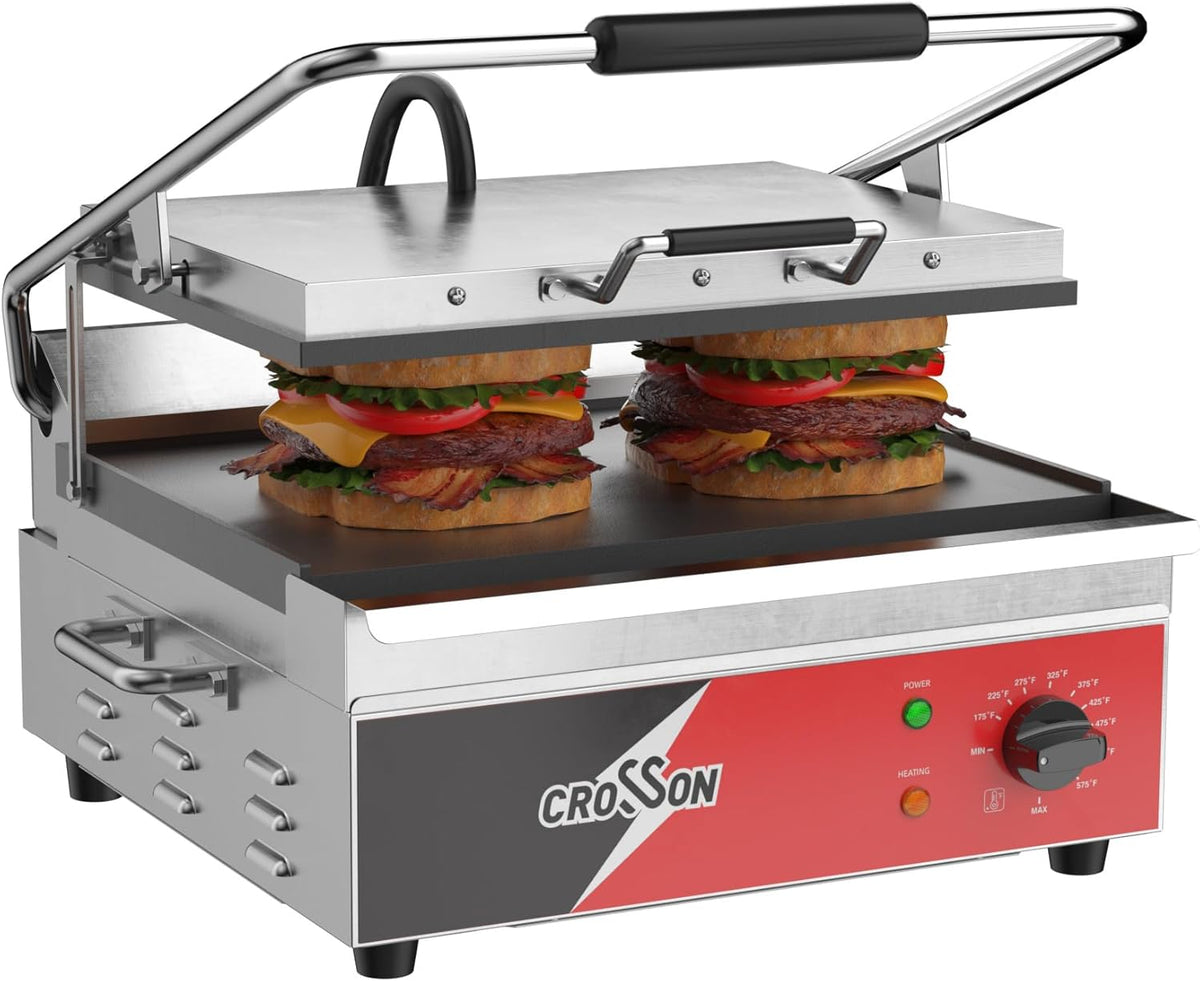 CROSSON 15"×11" Flat ETL Listed Commercial Electric Panini Grill,Hinged Auto Leveling Top Plate Panini Press Sandwitch Maker