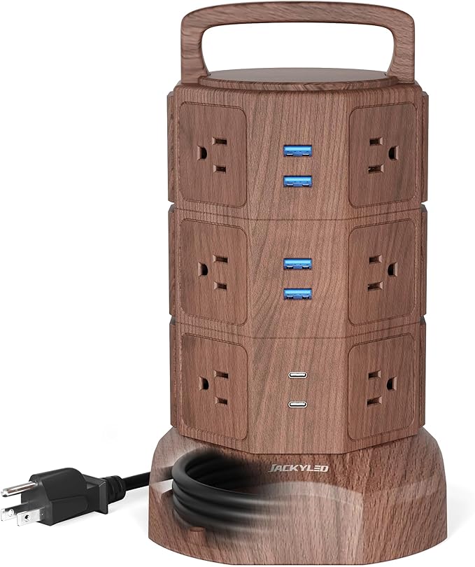 JACKYLED Power Strip Tower Surge Protector with 6.5ft Extension Cord 6 USB Ports and 12 AC Outlets Electric Charging Station for Home Office Dorm Desktop Computer Walnut and Black