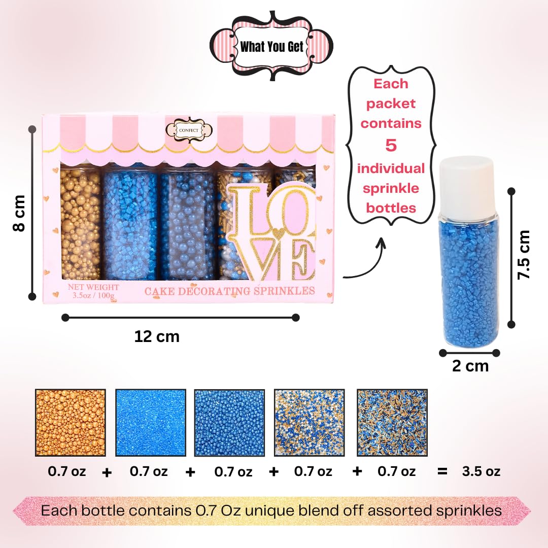 Confect Edible Sprinkles – Marine Royalty Theme – Assorted Pack with Navy Blue & Champagne Gold Dragees, Gold Jimmies & Bright Blue Sparkling Sugar – Sprinkles for Cake Decorating- Vegan, Gluten-Free, Nut-Free, Soy-Free, Dairy-Free, Palm Oil-Free-5 Oz