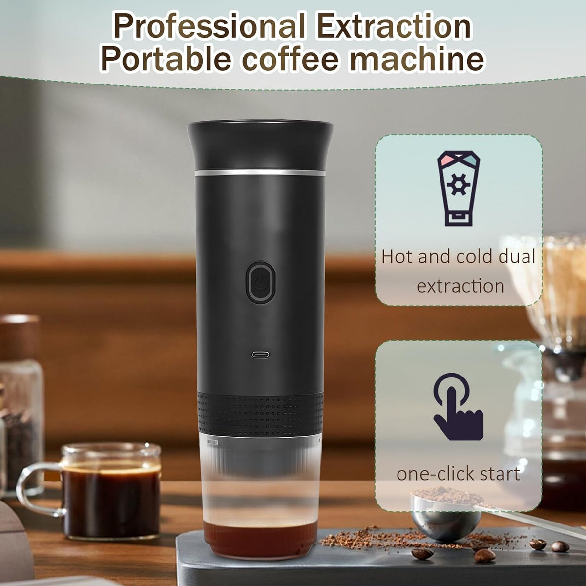 3-in-1 Portable Coffee Maker, Self-Heating Espresso Machine, USB Rechargeable Travel Coffee Maker, Compact for Office, Travel, Camping - Black