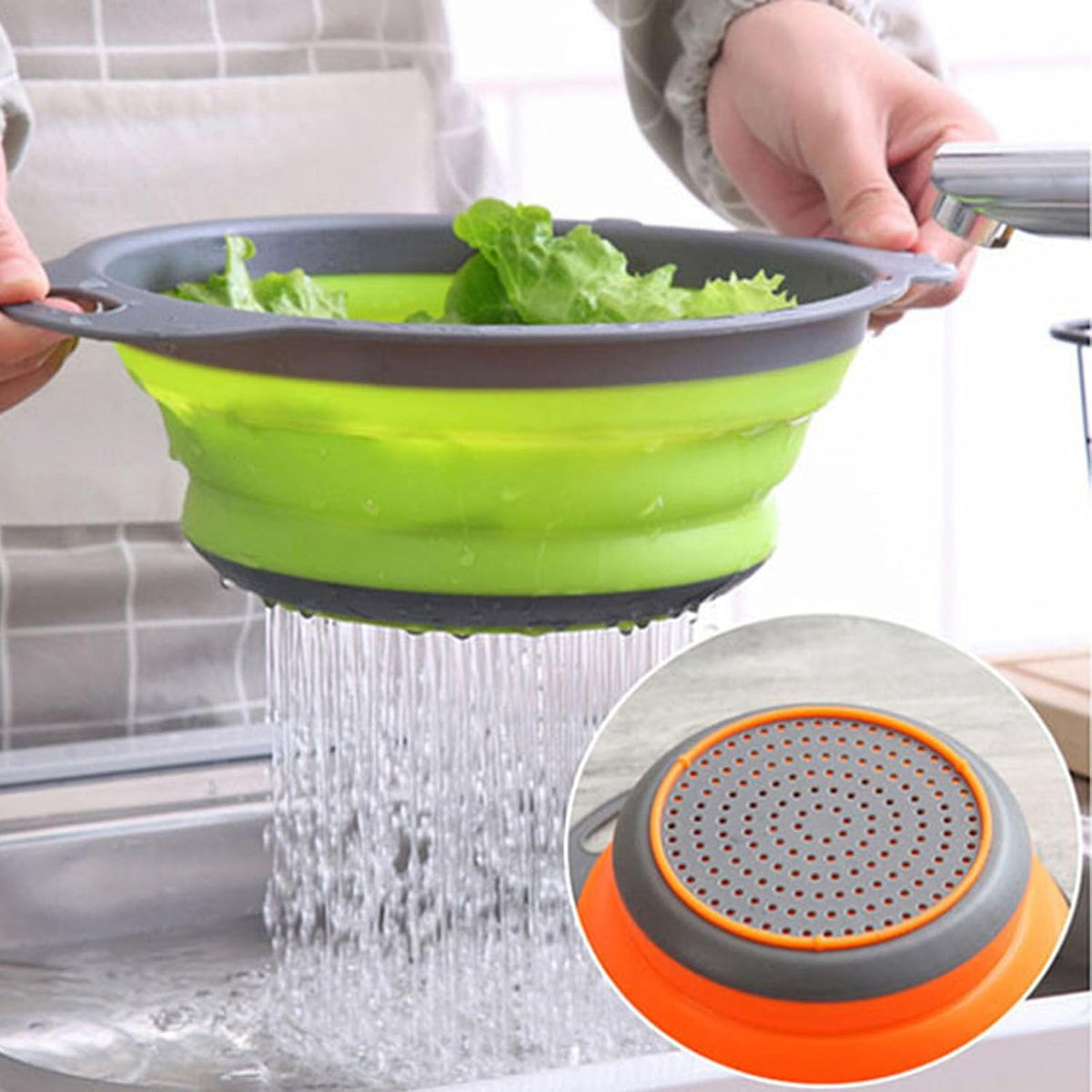 Collapsible Colander Set of 2 Silicone Kitchen Strainer Set, Perfect for Draining Pasta, Vegetable and fruit for Kitchen and Travel Use (green)