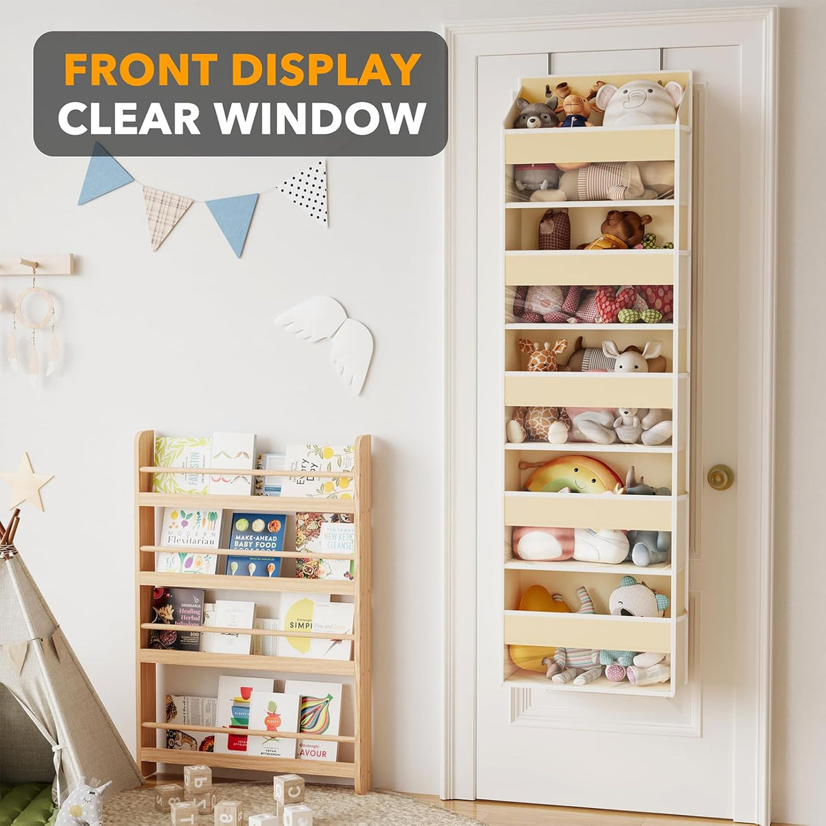 SpaceAid 1 Pack Over The Door Organizer with 5 Large Pockets and 10 Mesh Side Pockets, 5 Layers Door Organizer Hanging with Clear Window for Bedroom, Bathroom, Pantry and Nursery, Beige