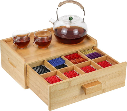 Bamboo Tea Bag Organizer, Slide Drawer Storage Box with 8 Compartments, Eco-Friendly Countertop Holder Display for Teabags, Tea Station Chest, Organizador De Te