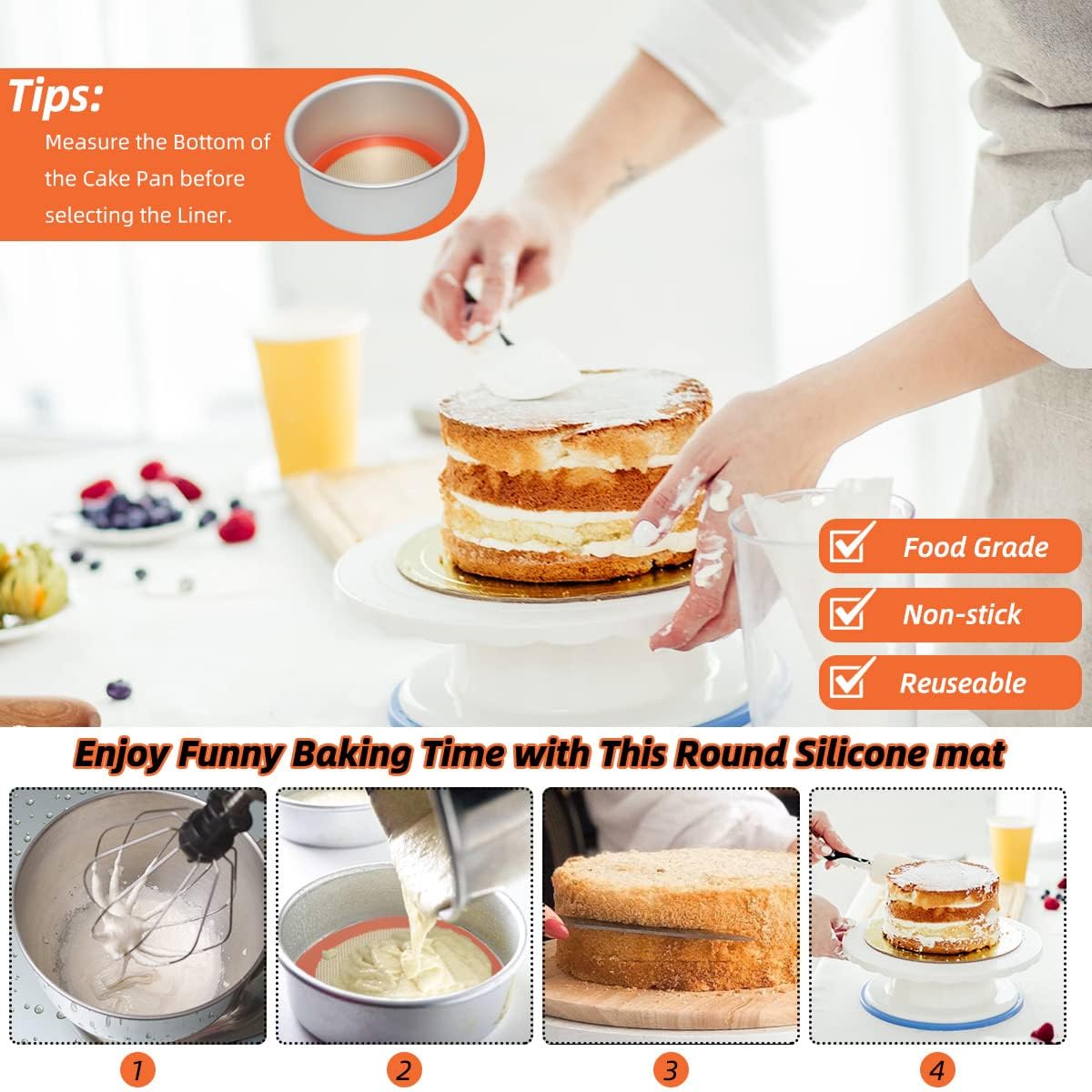 6 Inch Round Baking Mats, Food Grade Silicone Mats for Cake Pan/Tortilla Maker, Premium Non-Stick Reusable 6 Inch Tortilla Press Liner for Small Cake/Tortilla/Pie/Pizza, Round 5.5" Orange, 3PCS