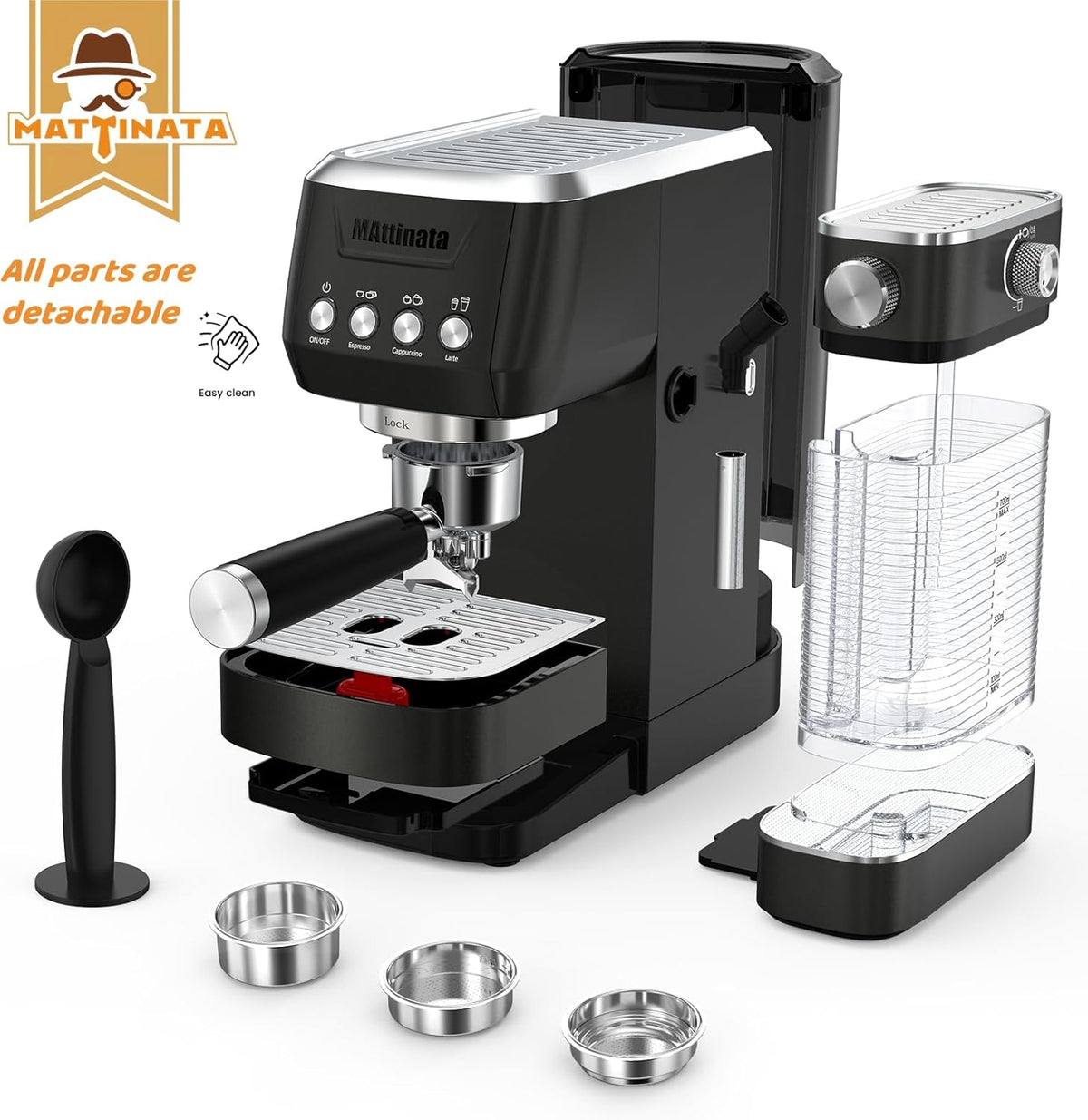 Cappuccino Machine 20 Bar, Professional Espresso Machines for Home and Office with Automatic Milk Frothering System, Barista Compact Latte Maker for Coffee Lovers, Stainless Steel-Black