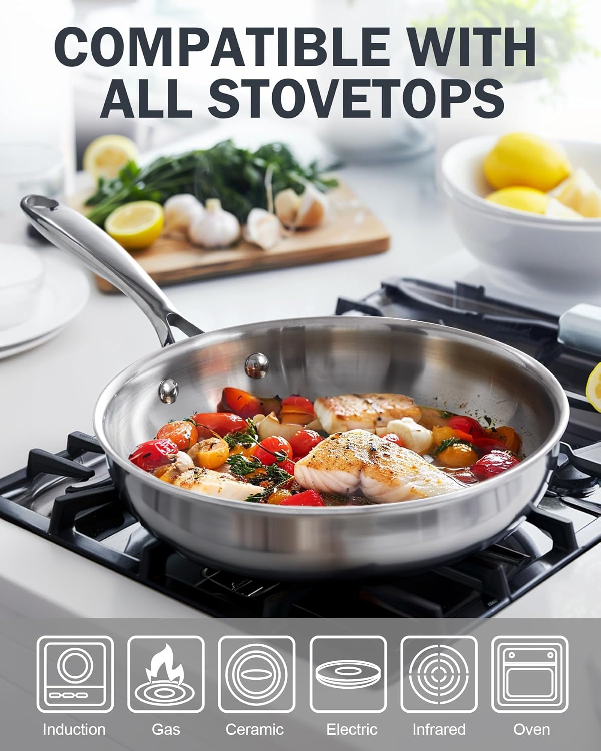 Cooks Standard Stainless Steel Frying Pan with Lid, 12-Inch Multi-Ply Clad Wok Stir Fry Pan, Kitchen Skillet, Silver