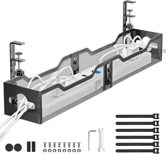 Under Desk Cable Management Tray Black, Litwaro Cable Management Under Desk No Drill, 25'' Cable Tray with Clamp for Wire Management, Cord Organizer for Office, Home - No Damage to Table