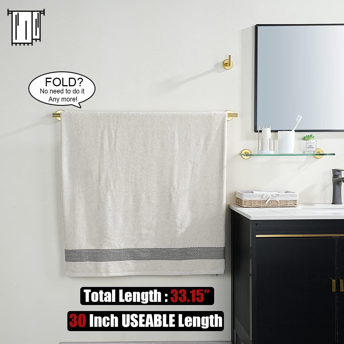 JQK Gold Towel Bar, 33 Inch 304 Stainless Steel Thicken 0.8mm Towel Rack Bathroom, Towel Holder Brushed Golden Wall Mount, Useable Length 30 Inch, TB110L30-BG