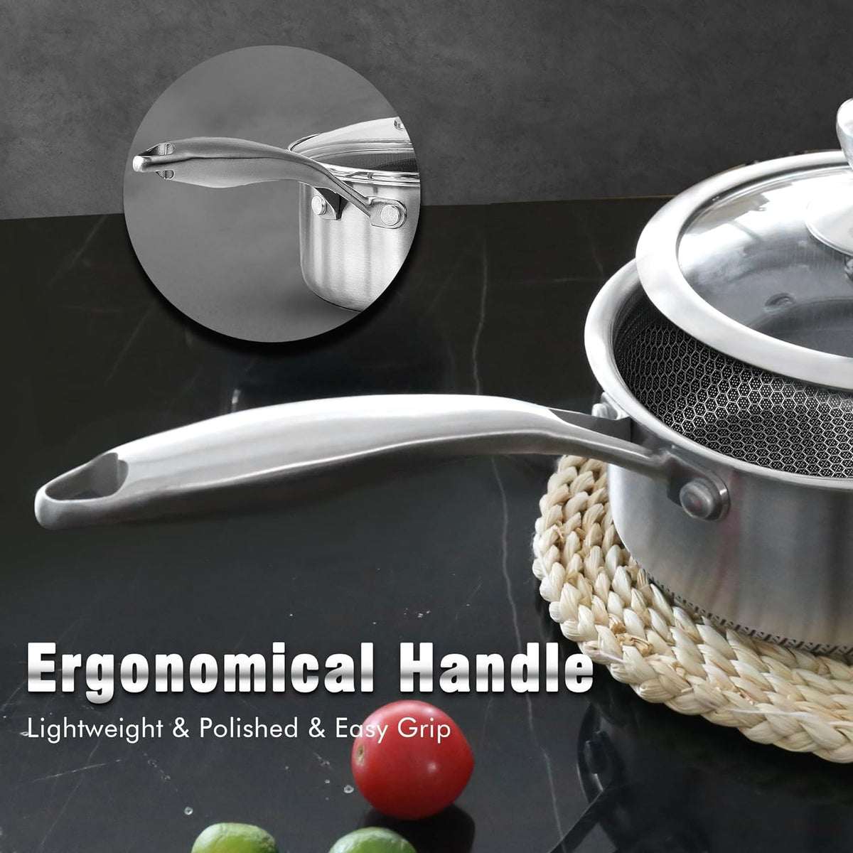 AuFranc™ Hybrid Nonstick 1 Quart Stainless Steel Saucepan with Glass Lid, Induction Sauce Pan with Honeycomb Carving, Non-stick Sauce Pot Compatible with All Cooktops, Dishwasher Safe, Non-Toxic