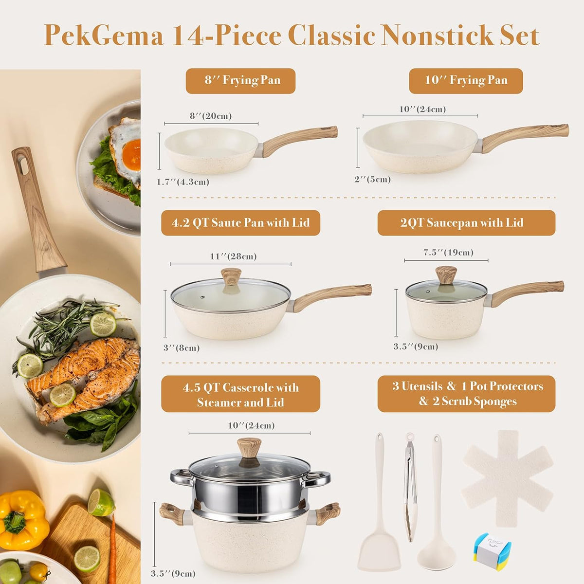 PekGema 14 Pcs Ceramic Cookware Sets, Pots and Pans Set Nonstick, Non Toxic Healthy Non stick Kitchen Cooking Set, Induction Cookware with Frying Pan Set, PFAS PTFE PFOA FREE, White