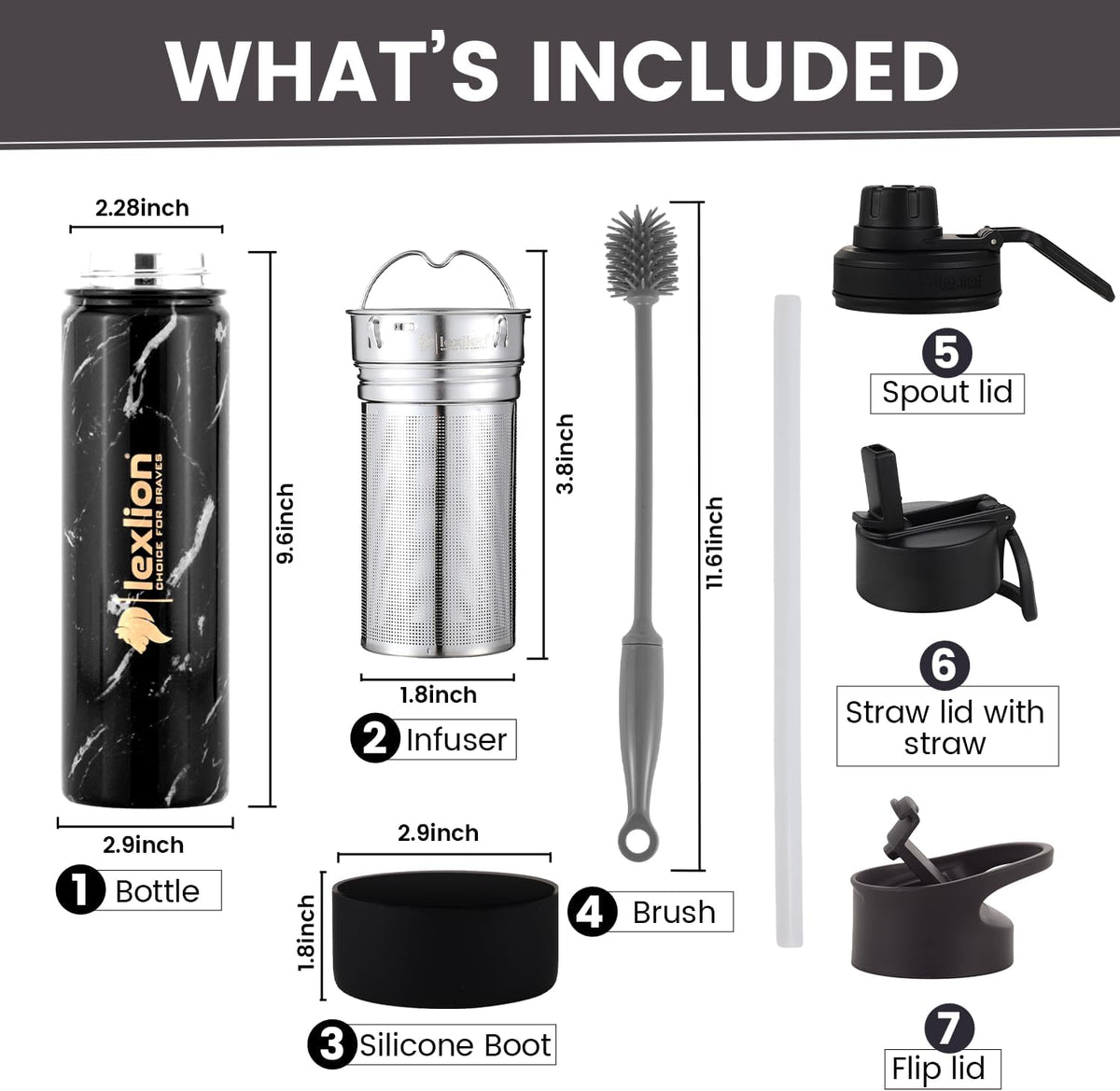 lexlion Tea Infuser Bottle - Fruit Infuser Water Bottles 22 Oz, Triple Walled Insulated Stainless Steel Bottle, Thermal Leaf Infuser, Silicone Sleeve, 3 Lids Leakproof, Metal Mug Gallon