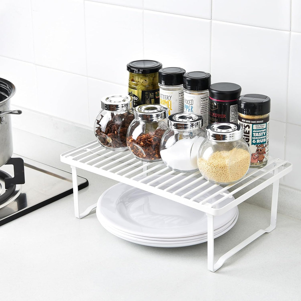 Amazon Basics Stackable Metal Kitchen Storage Shelves for Dishes, 12.5" L x 8" D x 4.5" H, Set of 2, White