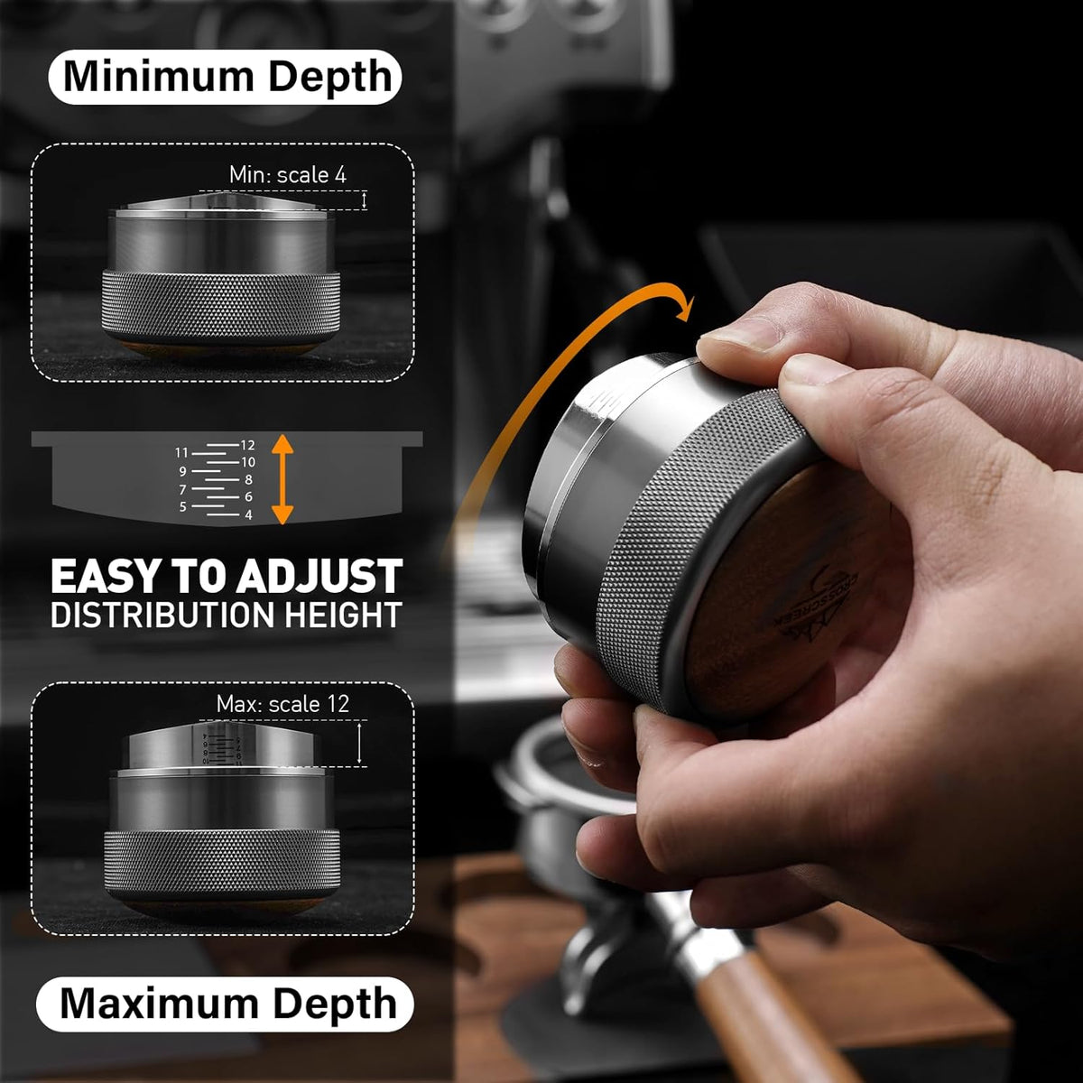 CrossCreek 54mm Espresso Distributor | Adjustable Depth Distribution Tools Fits 54mm Breville Portafilter | Stainless Steel & Walnut Coffee Distributor | Espresso Machine Accessories for Coffee Bar