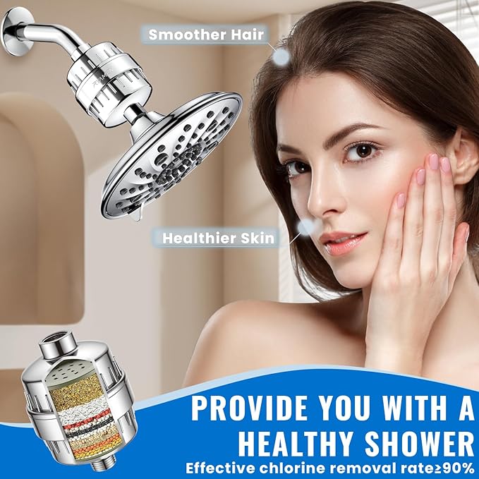 Ryamen Heavy Duty Shower Filter, Shower Water Filter, 99% REMOVAL Shower Head Filter for Hard Water, Heavy Metals, Chlorine, Enhanced Water Filtration for Healthier Skin and Hair (Silver)