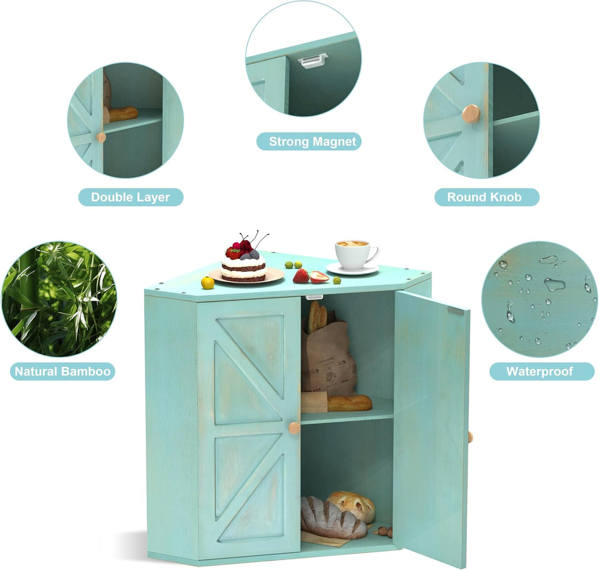 Corner Bread Box for Kitchen Counter Double Layer Bamboo Bread Storage Container Large Capacity Bread Storage Bin Farmhouse Breadbox Organizer (Antique Blue)