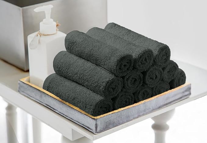 Avalon Towels Cotton Washcloths – (Pack of 24) Size 12x12 Inches, 100% Ring Spun Cotton, Soft & Absorbent Face Towels, Gym Towels, Hotel and Spa Quality, Reusable Fingertip Towels (Grey)