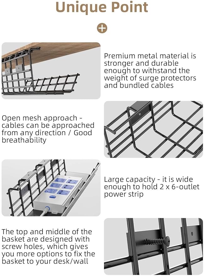 2 Pack DELAMU Under Desk Cable Management Tray, Large Metal Cord Organizer, Office & Home Cord Wire Management Under Desk Shelf, Easy Install Pre-drilled Cable Organizer, Black
