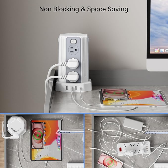 Power Strip Surge Protector, 10 Ft Extension Cord with 12 AC Multiple Outlets 4 USB (1 USB C), SMALLRT Power Tower Desktop Charging Station (White, 10 FT PD20W)
