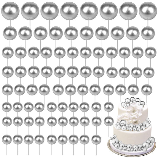 108 Pcs Balls Cake Topper DIY Cupcake Insert Foam Balloons for Cake Baking Wedding Anniversary Birthday Decoration(Silver,Multi Sizes)
